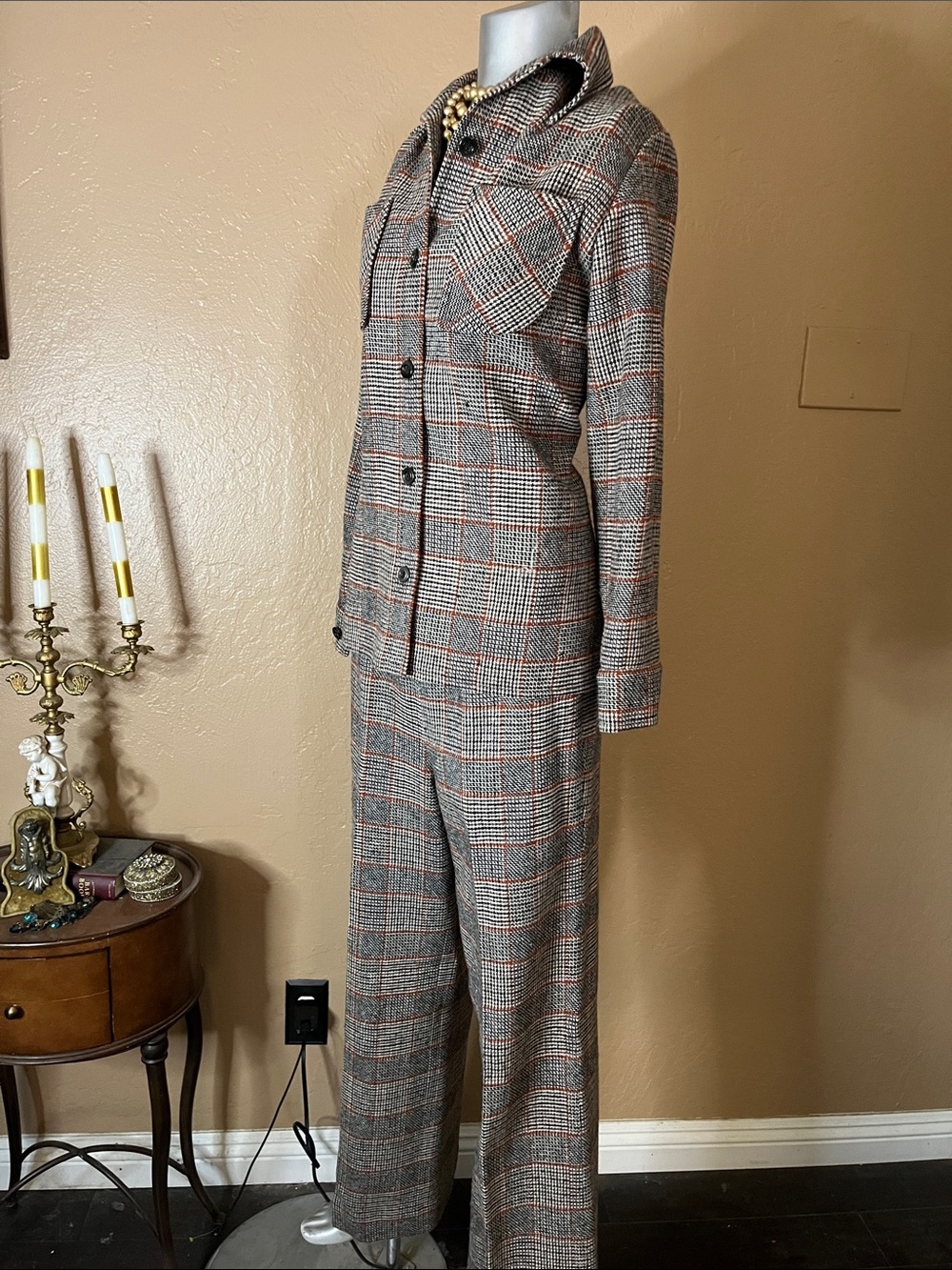 Vintage Pendleton Plaid Pantsuit in Gray W/ Brown & Rust Windowpane.  Sz 14/12